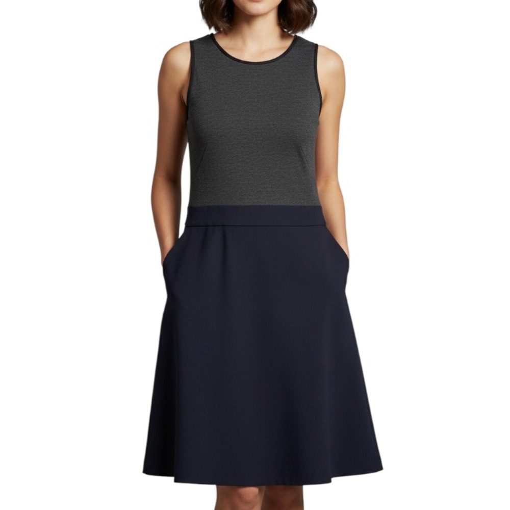 ANN TAYLOR Cute Shift Dress GRAY KNIT UPPER Black Crepe Lower Pockets 00P 00-P